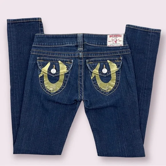 TRUE RELIGION Y2K Dark Navy Blue Low Rise Julie Gold Logo Horseshoe Skinny  Jeans